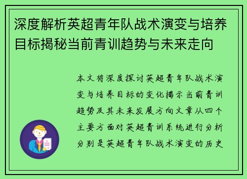 深度解析英超青年队战术演变与培养目标揭秘当前青训趋势与未来走向 深度解析英超青年队战术演变与培养目标揭秘当前青训趋势与未来走向